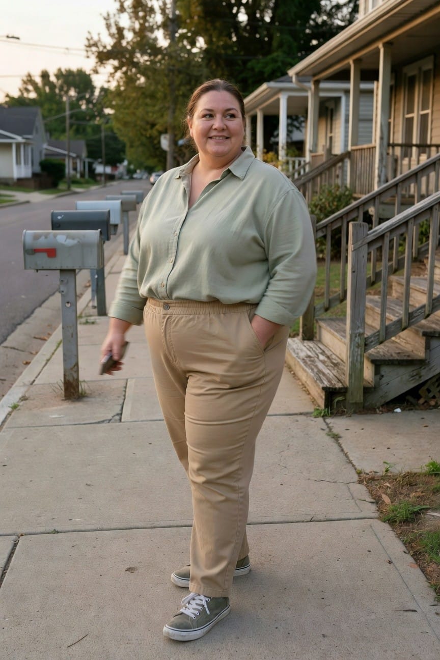 Plus-size woman in sage green long-sleeve button-up shirt tucked loosely into high-waisted khaki pull-on pants with pockets, gray canvas sneakers, standing casually while holding a phone