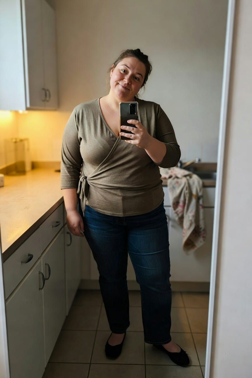 Plus-size woman smiling in selfie wearing camel knit wrap top with tie waist, dark blue straight-leg jeans, and black ballet flats, standing in kitchen area