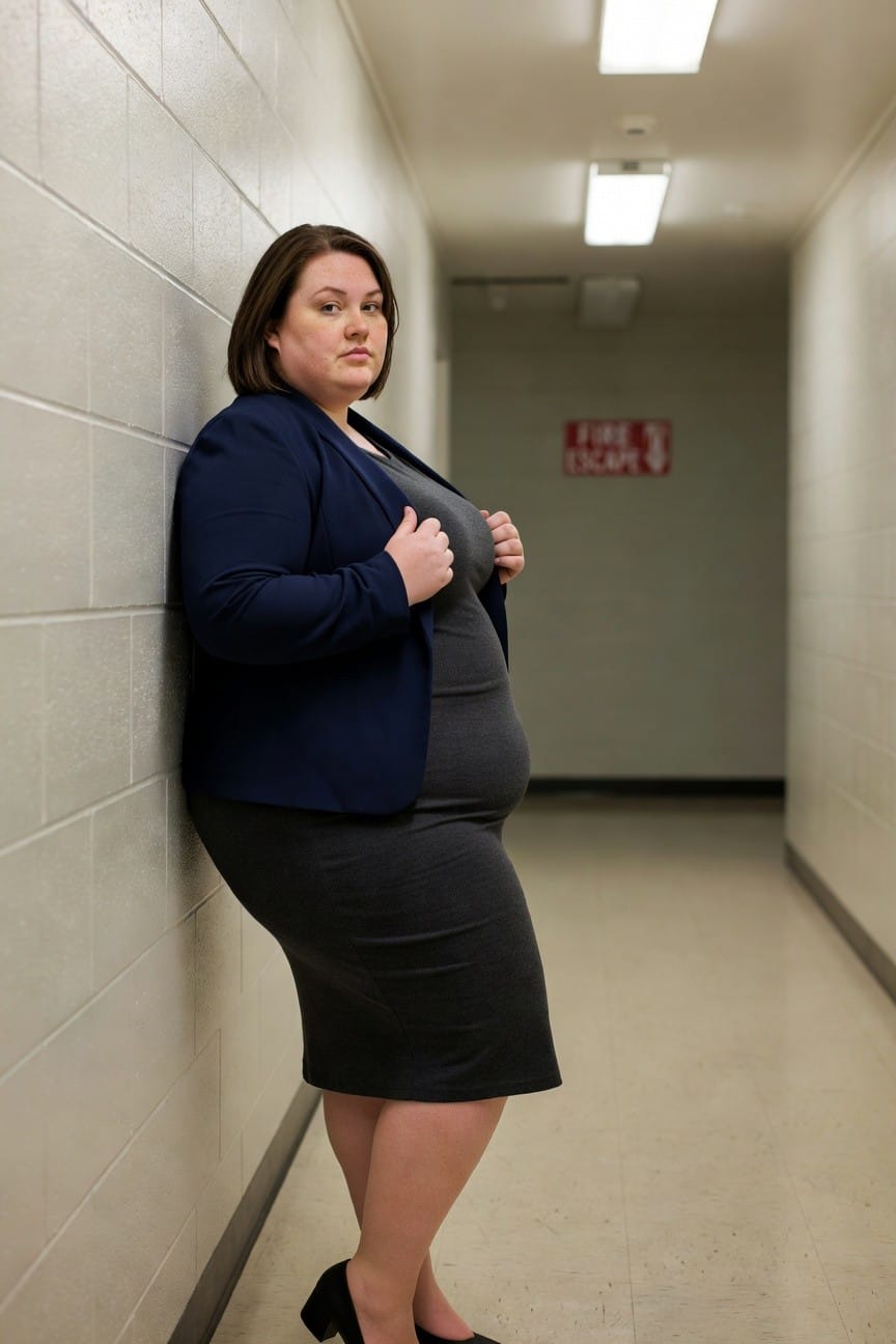 Plus-size woman leaning against a cinderblock wall in an indoor hallway, wearing an open navy blue blazer over a fitted gray sheath dress and black heeled pumps, hands holding the blazer at the chest.