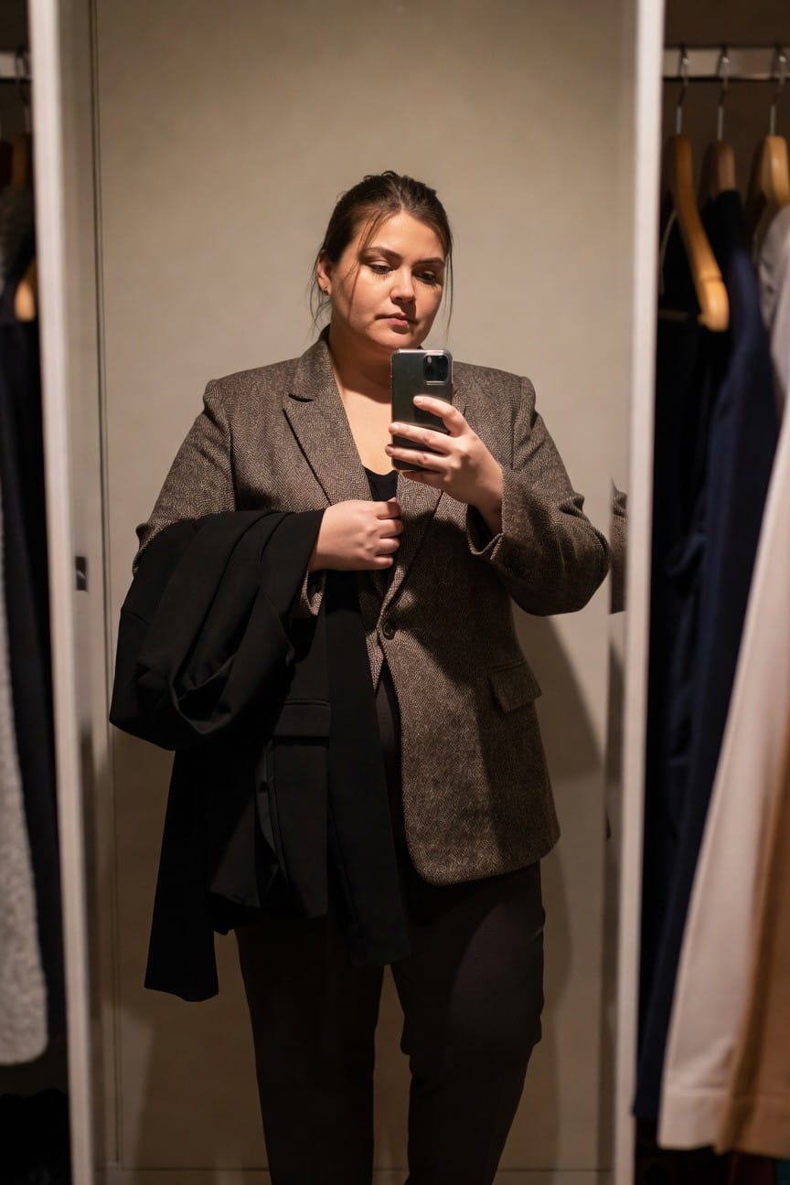 Plus-size woman standing in a closet mirror selfie wearing an open gray tweed blazer over a black sleeveless top and black stretch pants while holding a black jacket draped over her arm