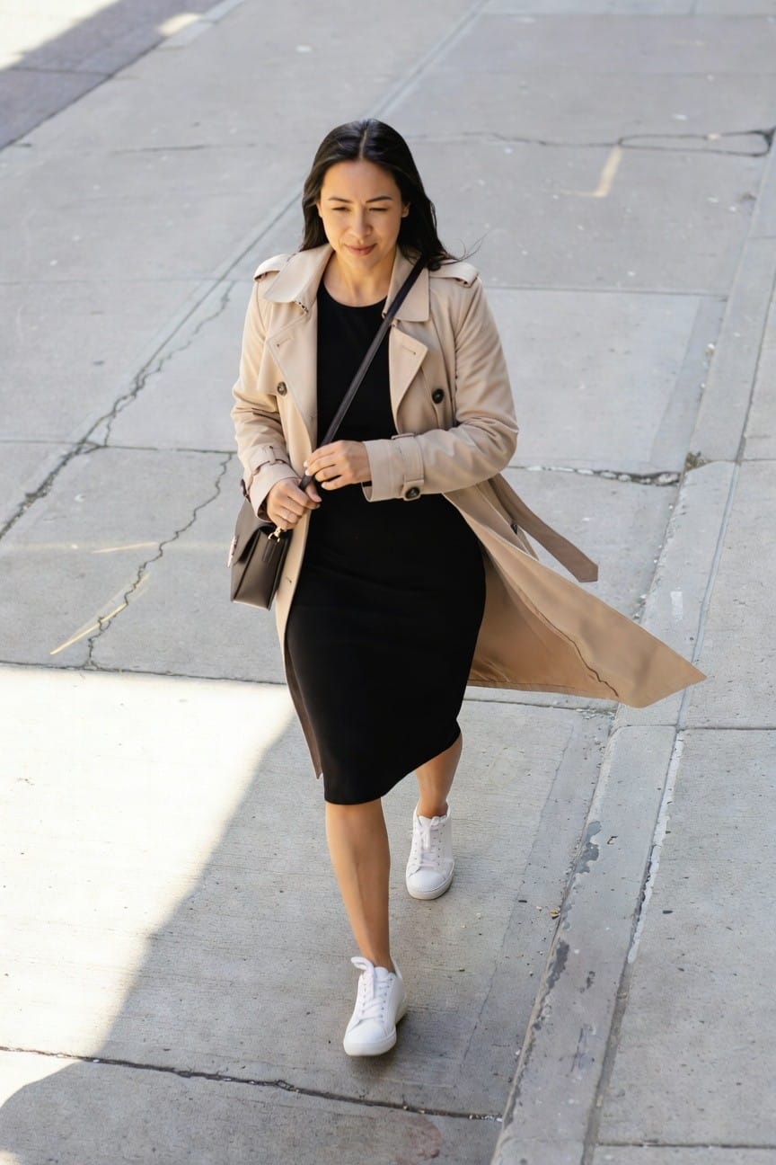 Woman in open beige trench coat over fitted black midi dress, white sneakers, and black crossbody bag, walking on concrete sidewalk