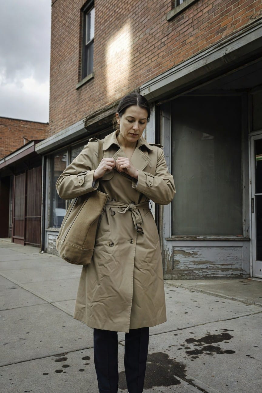 Woman standing on sidewalk in beige trench coat belted at waist over black trousers and black shoes carrying tan tote bag adjusting coat collar
