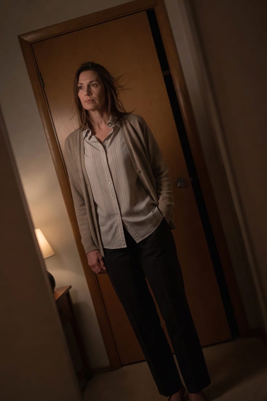 Woman standing in beige open cardigan over white striped collared shirt tucked into straight black trousers with low black heels, hands in pockets, thoughtful expression in indoor setting
