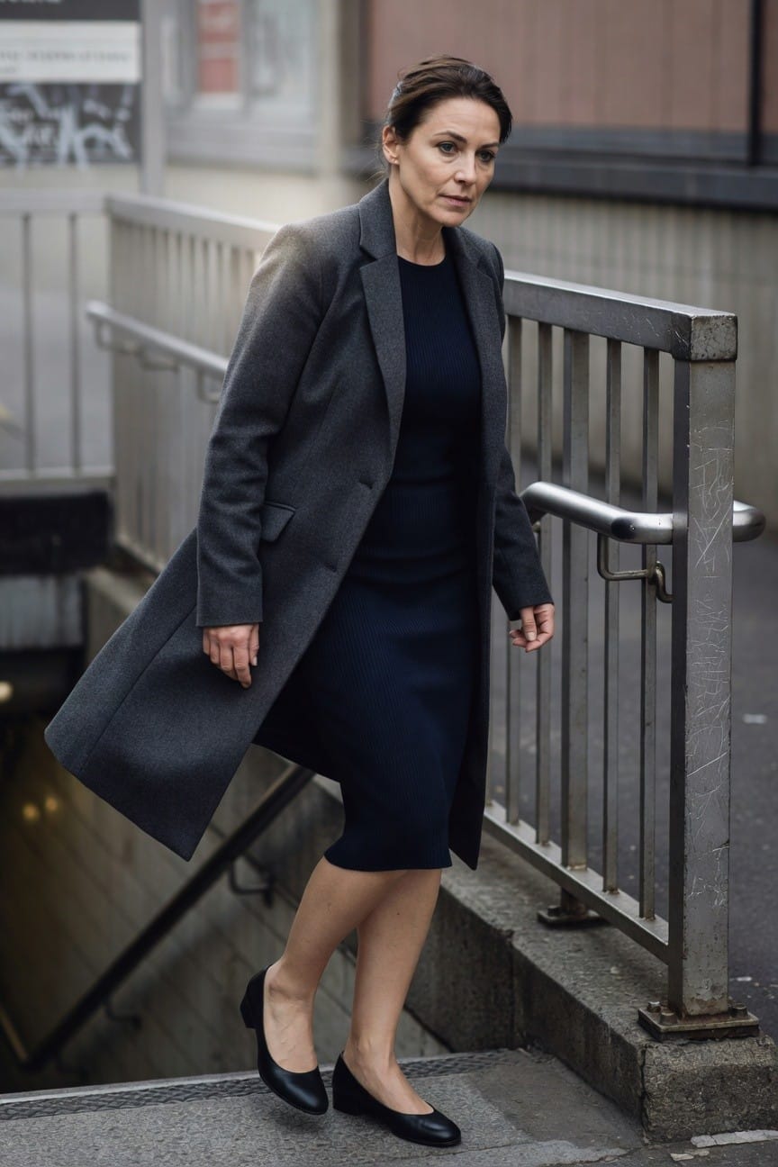 Woman in open long gray wool coat over navy knee-length sheath dress with black ballet flats descending urban metal stairs