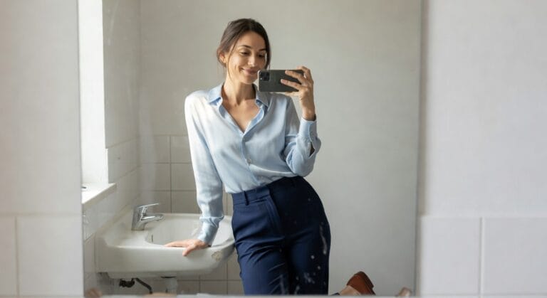 Woman taking a mirror selfie in a bathroom, wearing a light blue satin long-sleeve button-up blouse tucked into high-waisted navy wide-leg trousers, with brown leather heeled ankle boots, one hand on the sink.