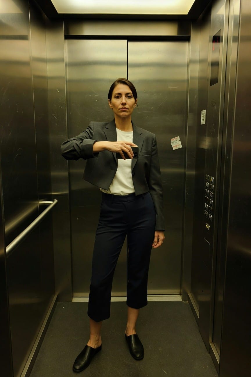 Woman taking selfie in elevator wearing cropped gray blazer over white blouse tucked into slim navy cropped pants and black mule loafers, one arm extended holding phone