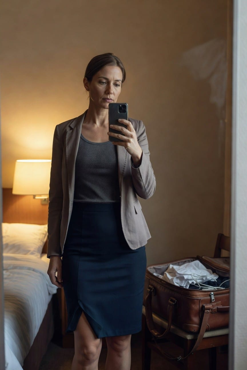 Woman taking mirror selfie in light gray blazer over gray tank top and navy pencil skirt with back slit, standing near open suitcase on chair in hotel room