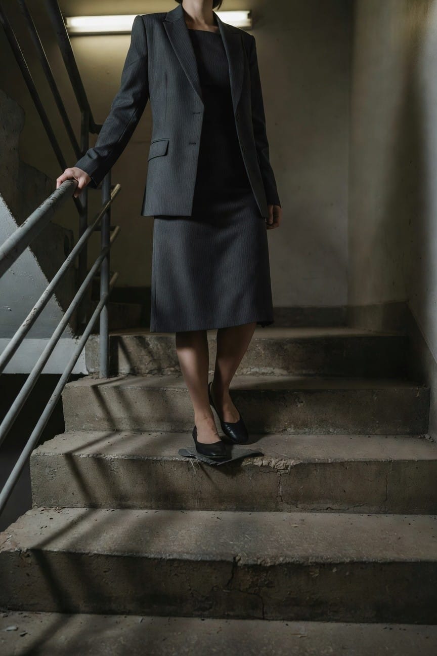 Woman in tailored charcoal gray pinstripe blazer and matching knee-length skirt with black shell top and black pointed pumps, standing on concrete stairs holding metal railing in industrial stairwell