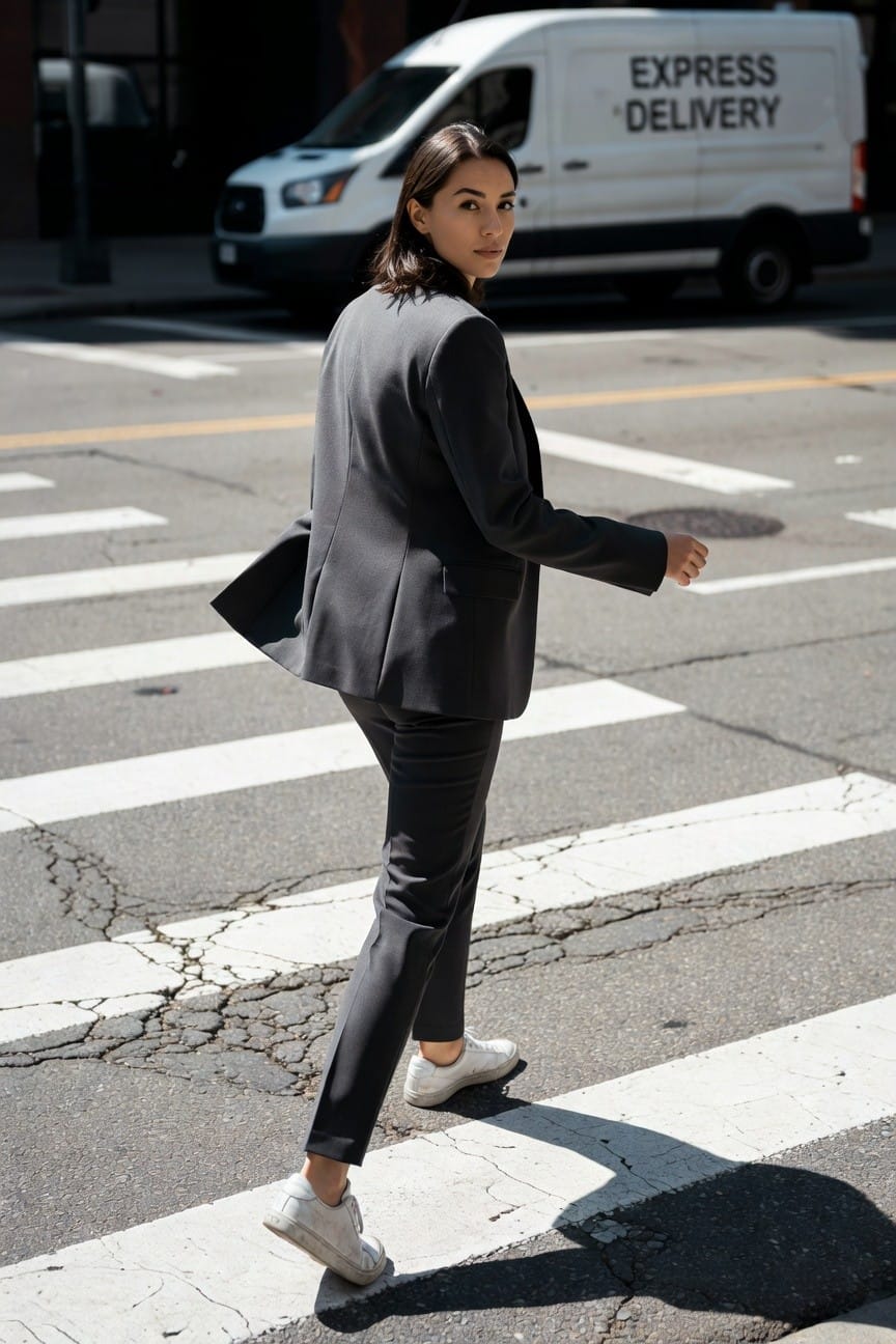 Side view of a woman in a tailored gray blazer and matching slim ankle pants with white sneakers, walking across a striped crosswalk