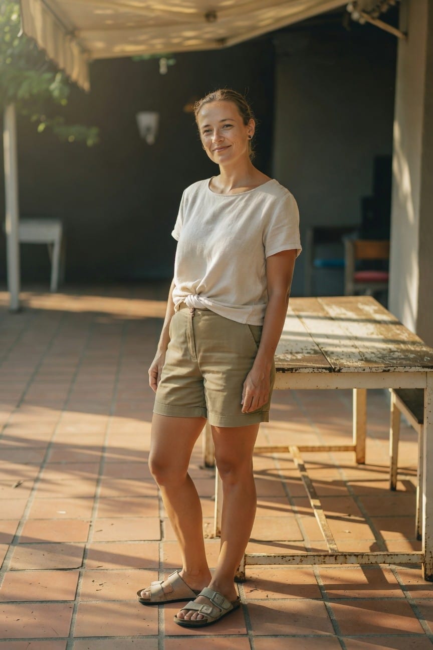 Woman in white linen short-sleeve top knotted at front, khaki tailored shorts, and tan flat sandals, standing casually