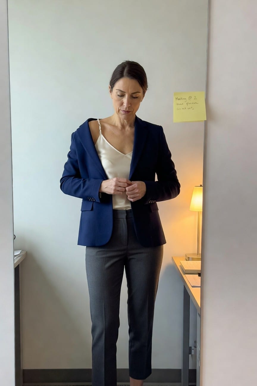 Woman in a navy blue tailored blazer over a cream silk camisole with thin straps, paired with slim gray cropped ankle pants, standing in front of a mirror while buttoning the jacket in an office setting with a desk and lamp nearby
