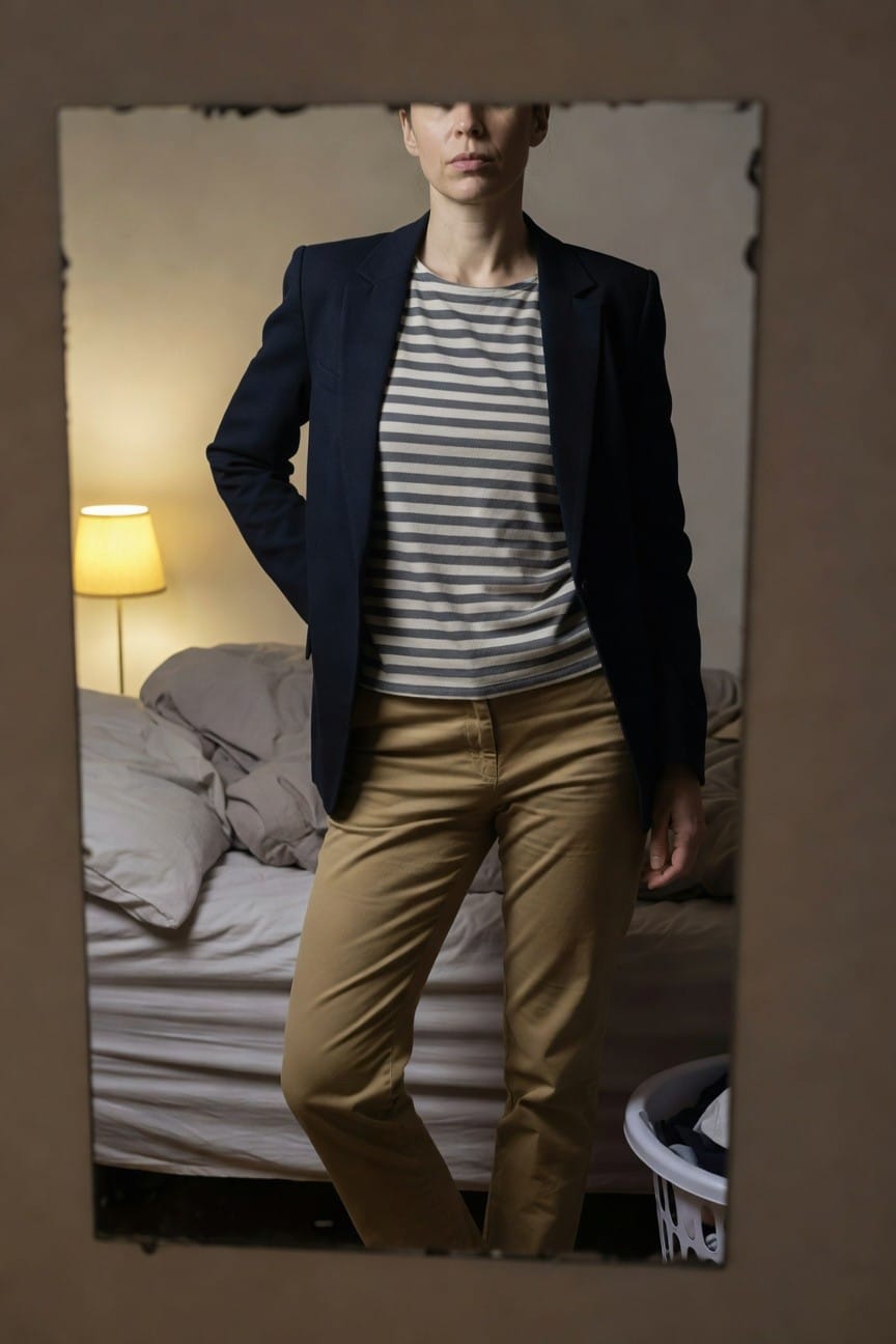 Woman standing in front of mirror wearing navy blazer over gray and white horizontal striped long-sleeve tee tucked into khaki chinos, one hand in pocket, bedroom visible in background with lamp and bed.