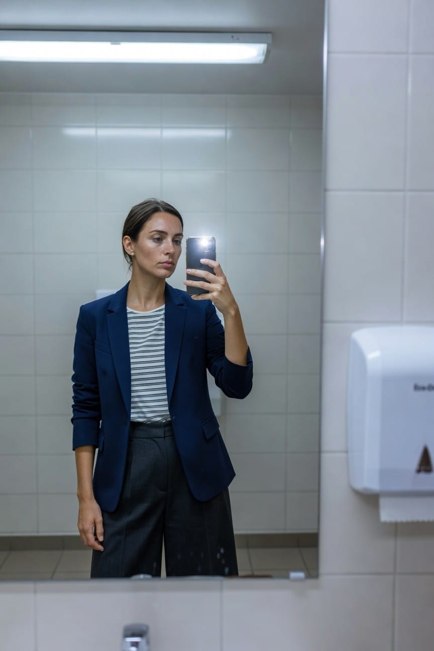 Woman taking a mirror selfie in a bathroom wearing a navy blazer over a white striped tee tucked into wide-leg charcoal trousers, small hoop earrings, neutral expression.