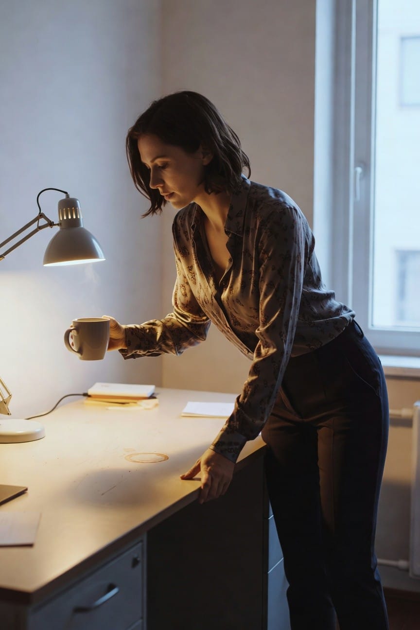 Woman in a patterned silk blouse in beige tones and black trousers standing at a desk holding a mug, viewed from side angle in warm indoor light