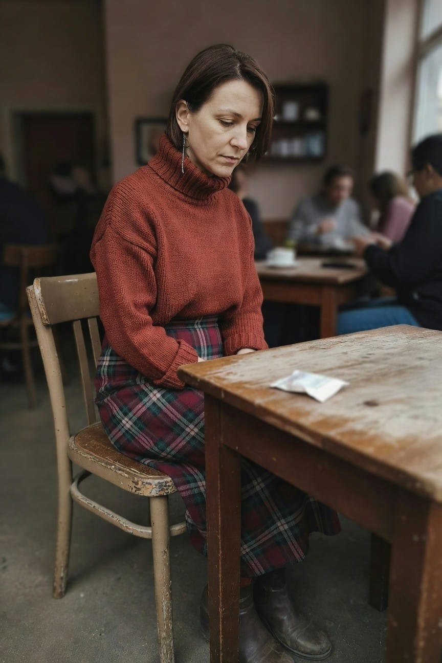 Woman in rust red chunky knit turtleneck sweater, red-black-green plaid knee-length skirt, and brown leather ankle boots, seated at a wooden table with hands on lap