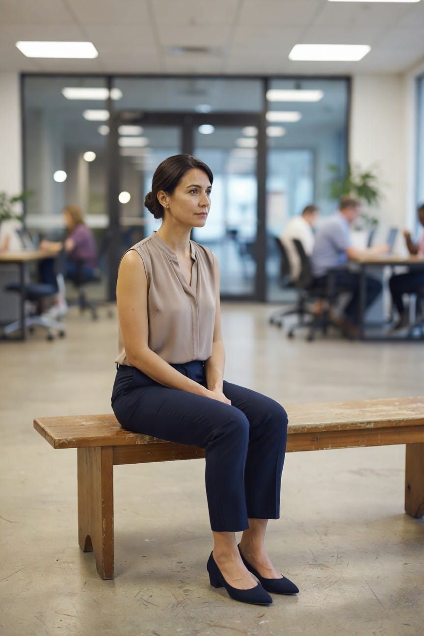 Professional woman in her 30s with brown hair in a bun, wearing a sleeveless taupe draped blouse, slim navy ankle pants, and black pointed pumps, sitting composed on a wooden bench in a modern office space with blurred coworkers in the background