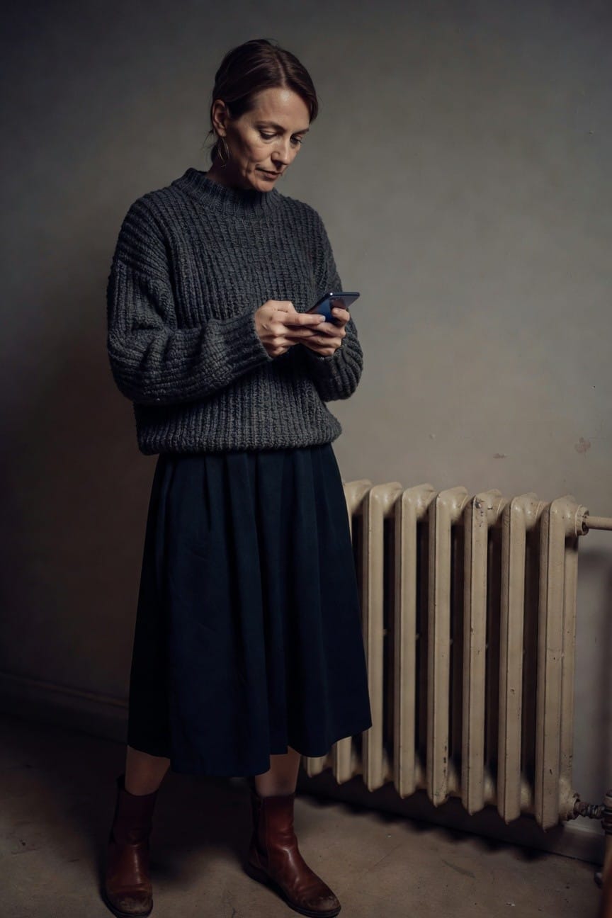 Woman standing indoors in oversized gray chunky knit sweater, navy full midi skirt, brown leather ankle boots, holding smartphone, next to a radiator