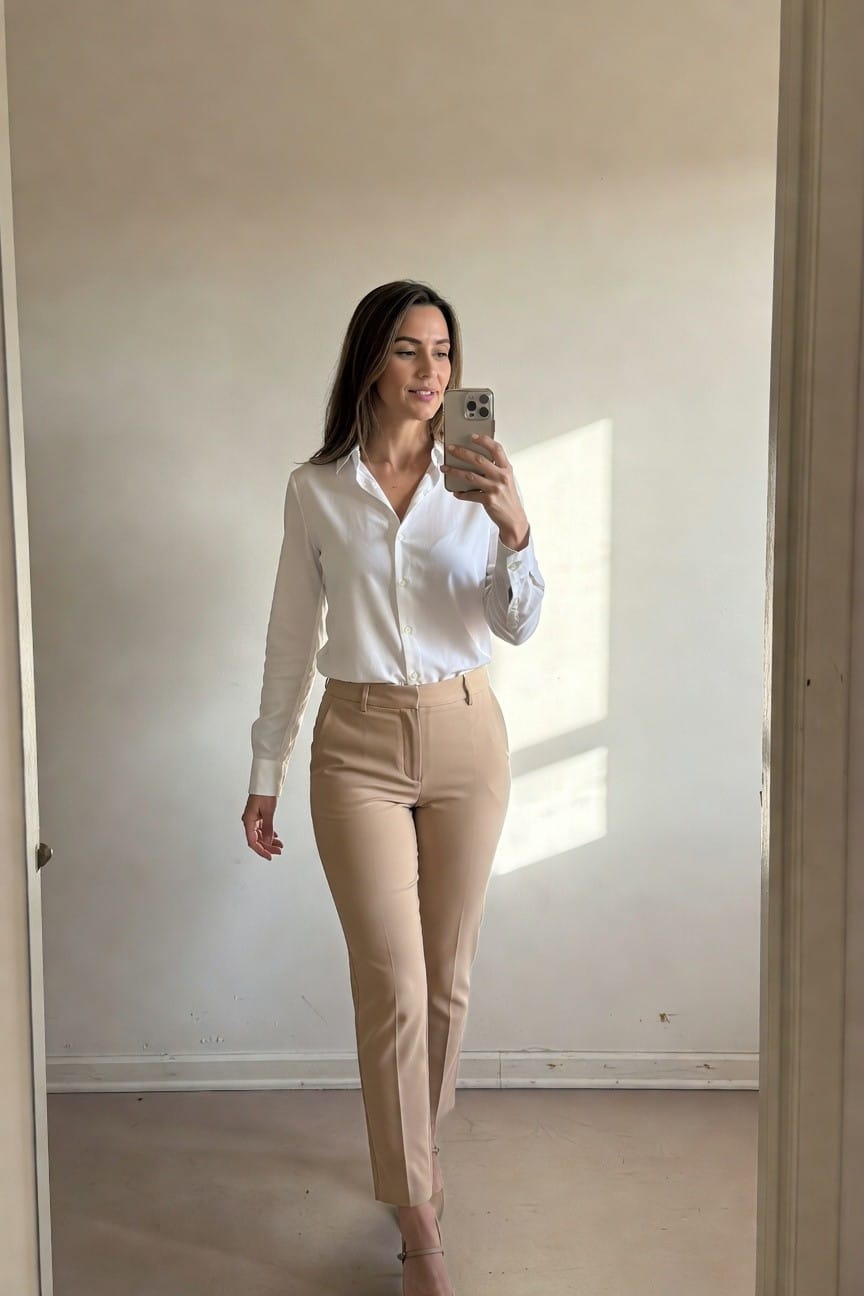 Woman in mirror selfie wearing a white long-sleeve button-up shirt tucked into high-waisted beige tailored pants, nude strappy high heels, holding phone, neutral room background