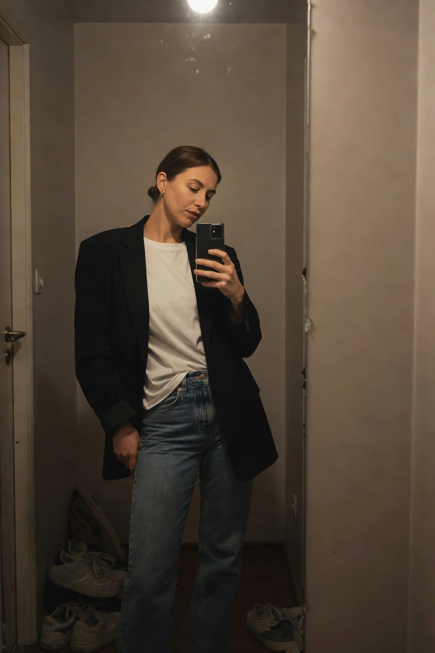 Woman taking a mirror selfie in a black oversized blazer over white t-shirt and light blue straight-leg jeans standing in a narrow hallway with sneakers on the floor