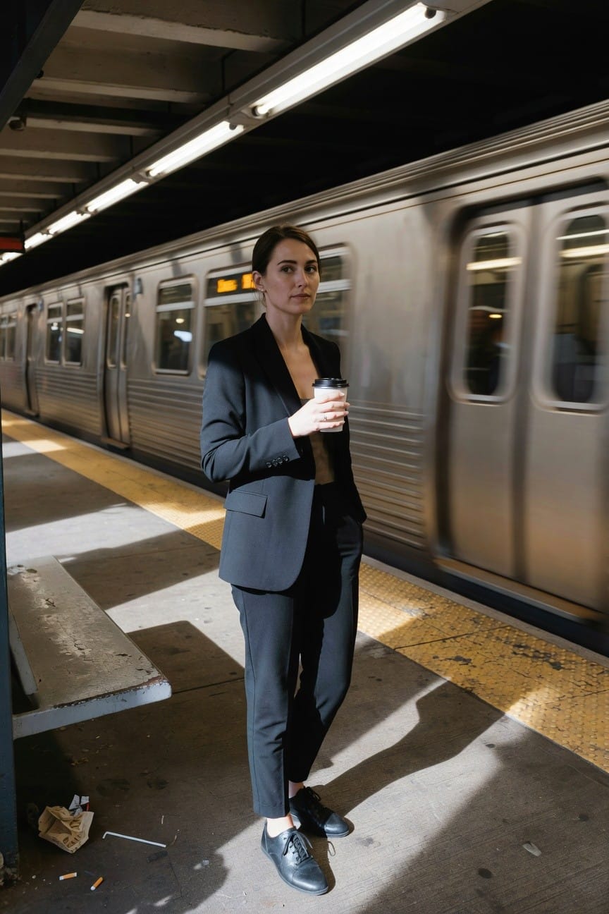 Woman standing on subway platform in open black tailored blazer, matching straight black pants, and black oxford shoes, holding a coffee cup, with blurred train behind