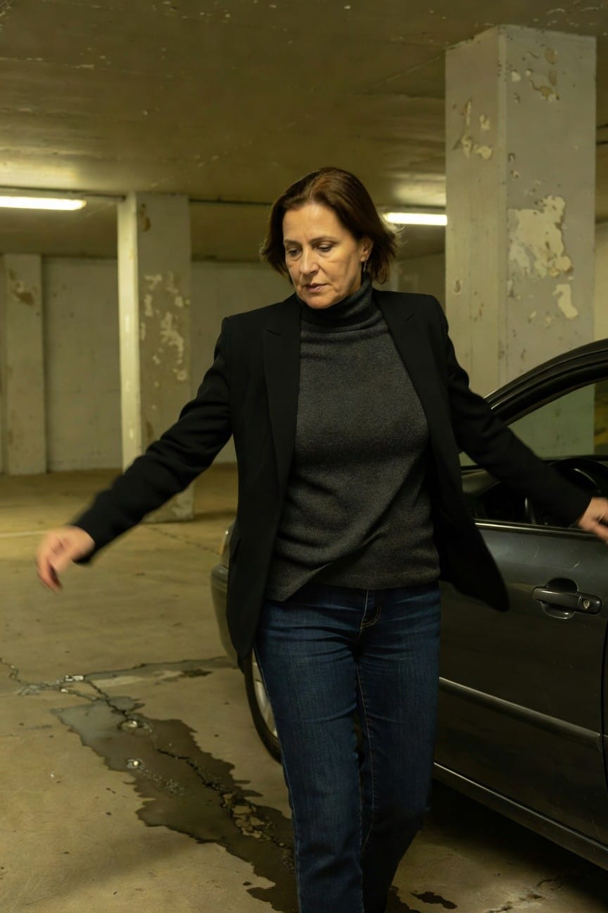 Woman in her 50s with brown bob haircut wearing black tailored blazer over gray turtleneck sweater and dark blue straight-leg jeans, standing by car door in dimly lit parking garage, hand extended toward door handle