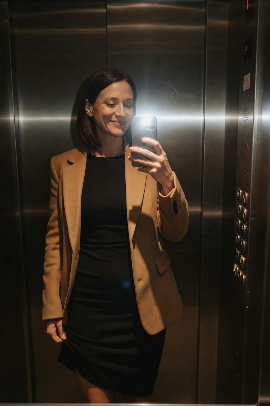 Woman smiling in elevator mirror selfie wearing open camel blazer over short fitted black dress holding phone with one hand legs slightly apart showing confident work style