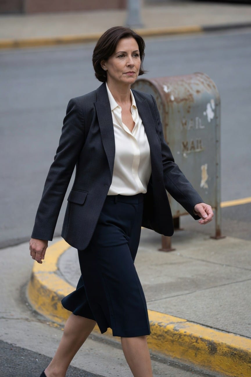 Woman in tailored charcoal gray blazer, cream silk blouse, navy flared culottes, and black heels walking on city sidewalk near rusted mailbox.