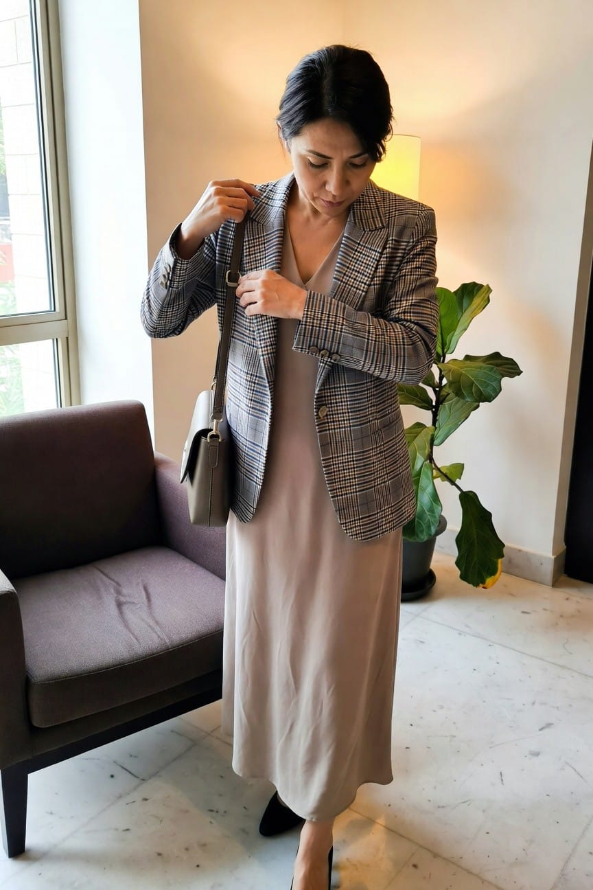 Woman adjusting strap of gray checkered blazer worn open over beige midi slip dress with deep V neckline, gray crossbody bag, black heels, standing in modern room with plant and armchair