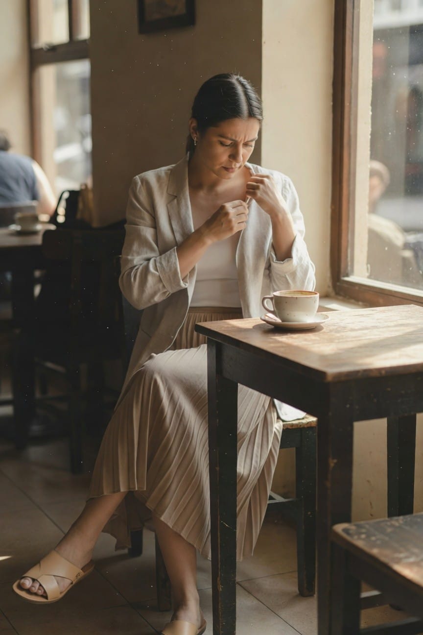 Woman sitting at wooden table wearing open cream blazer over white tank top, matching pleated beige midi skirt, and beige flat cross-strap sandals, holding napkin near face with coffee cup nearby
