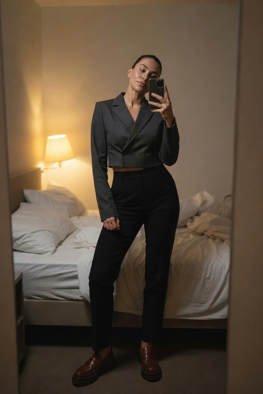 Woman taking mirror selfie in hotel room wearing cropped gray tailored blazer, high-waisted wide-leg black trousers, and chunky brown leather platform loafers, white bed in background