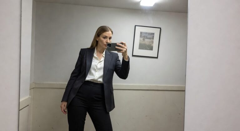 Woman taking a mirror selfie in an office bathroom wearing a tailored navy blazer over a white silk blouse and matching straight-leg navy trousers, holding her phone with one hand