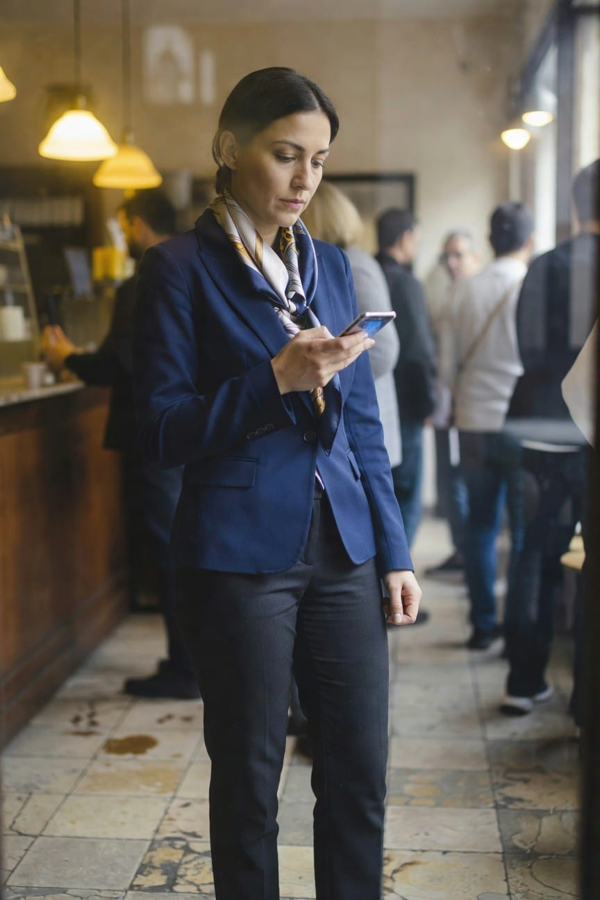 Woman in tailored navy blue blazer, yellow patterned silk scarf, white collar, slim navy trousers, gold watch, standing in professional pose holding phone