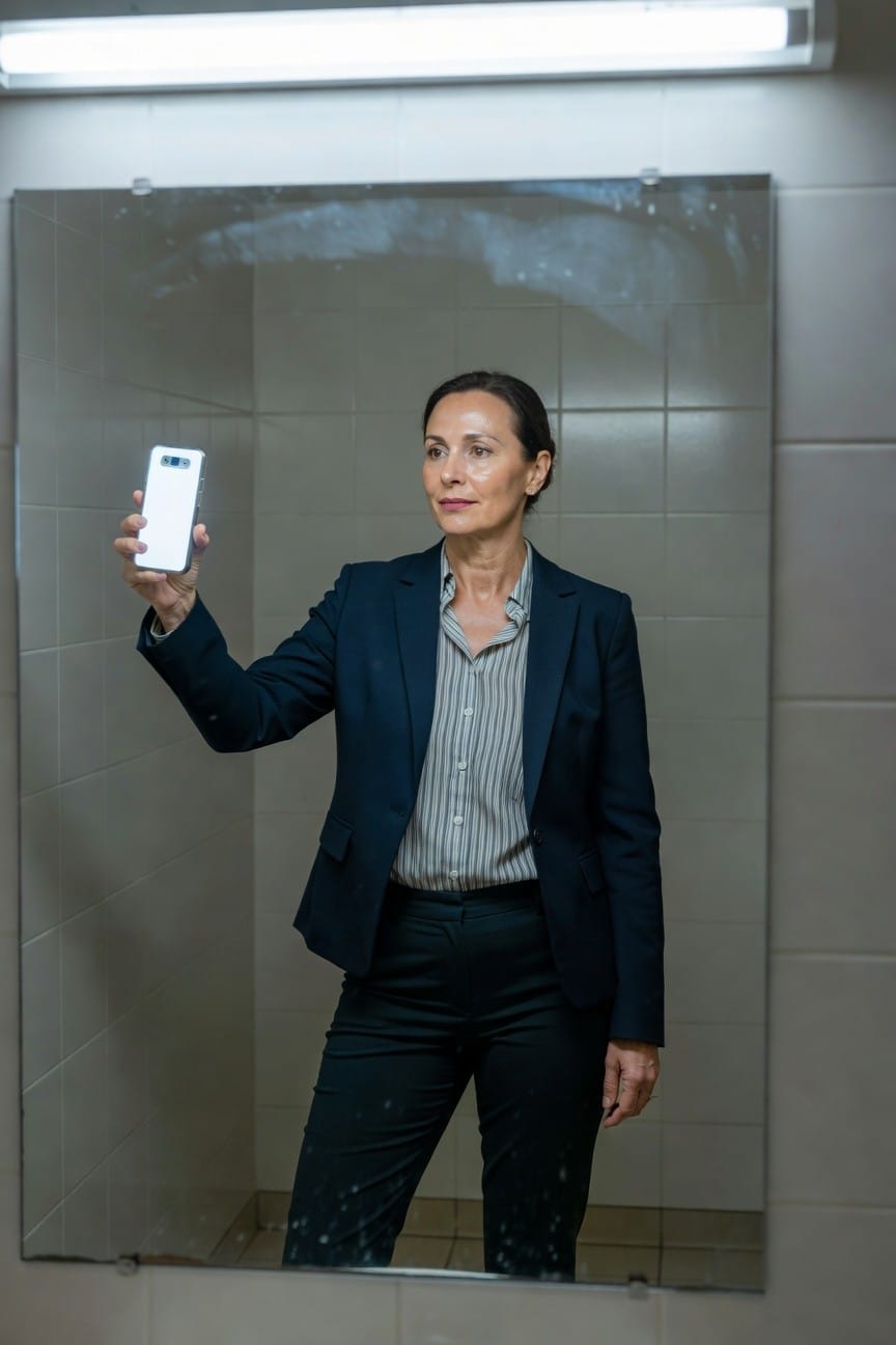 Woman in navy blazer, light striped collared shirt, and matching dark trousers taking a mirror selfie in a tiled bathroom, holding up a white smartphone