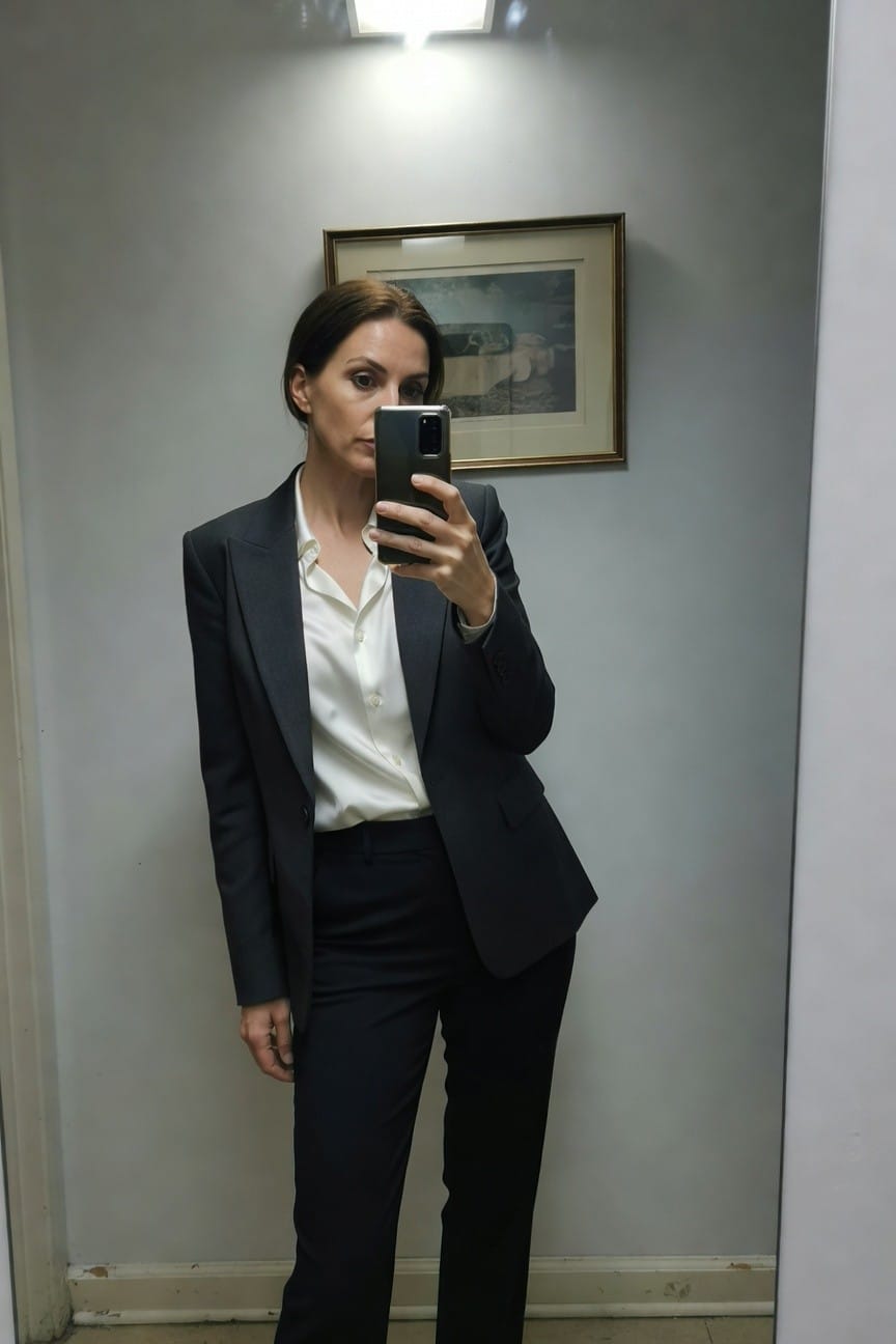 Woman taking a mirror selfie in an office bathroom wearing a tailored navy blazer over a white silk blouse and matching straight-leg navy trousers, holding her phone with one hand