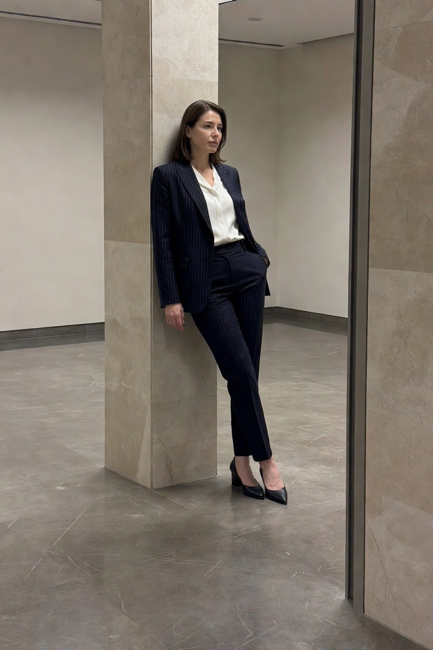 Woman leaning against a pillar in a navy pinstripe blazer suit with white collared shirt, hands in pocket, black pointed heels, modern lobby setting
