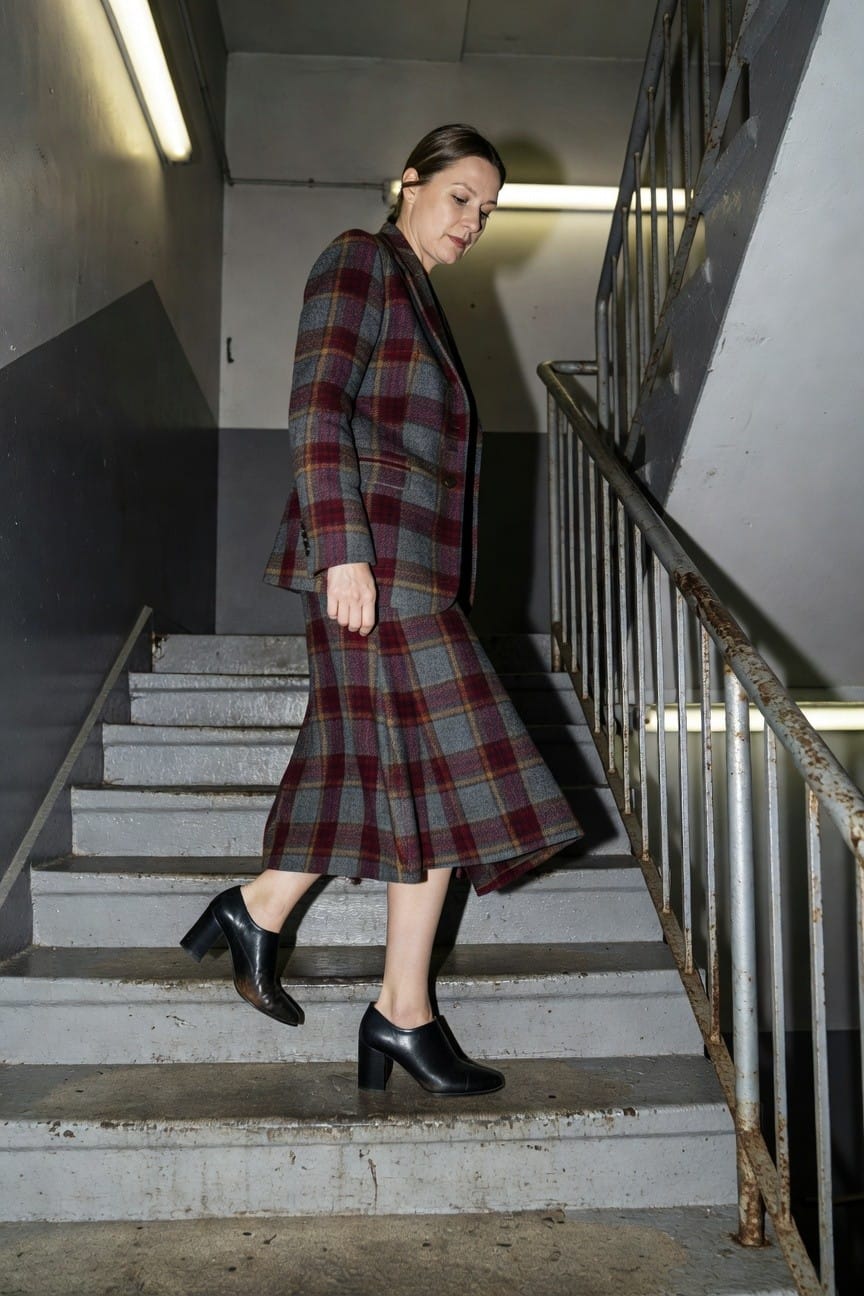 Woman ascending concrete stairs in a dimly lit industrial stairwell, dressed in a gray, burgundy, and black plaid wool blazer and matching flared midi skirt, paired with black leather high-heeled pumps, ponytail hairstyle