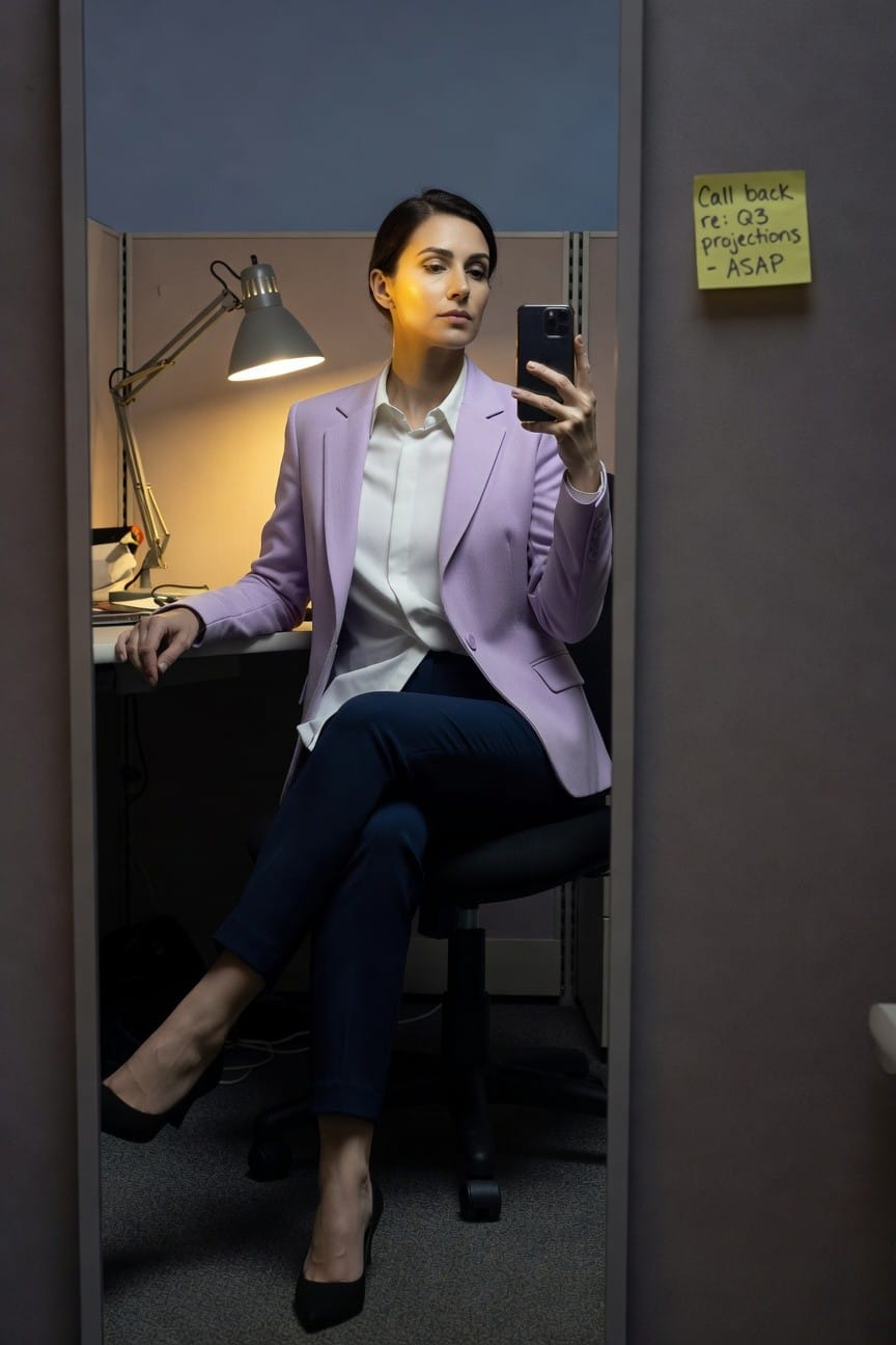 Woman in a light purple blazer, white blouse, navy pants, and black high heels sitting in an office cubicle, taking a selfie with her phone while seated at a desk with a desk lamp and sticky note nearby