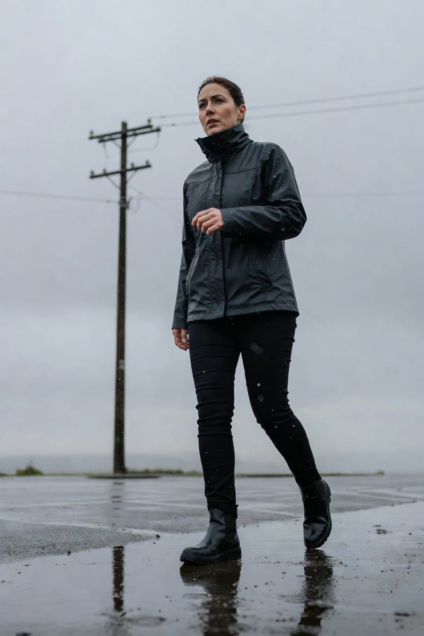 Woman walking confidently in a dark grey shiny waterproof jacket, black skinny jeans, and black Chelsea boots, sharp work-ready outfit on wet pavement