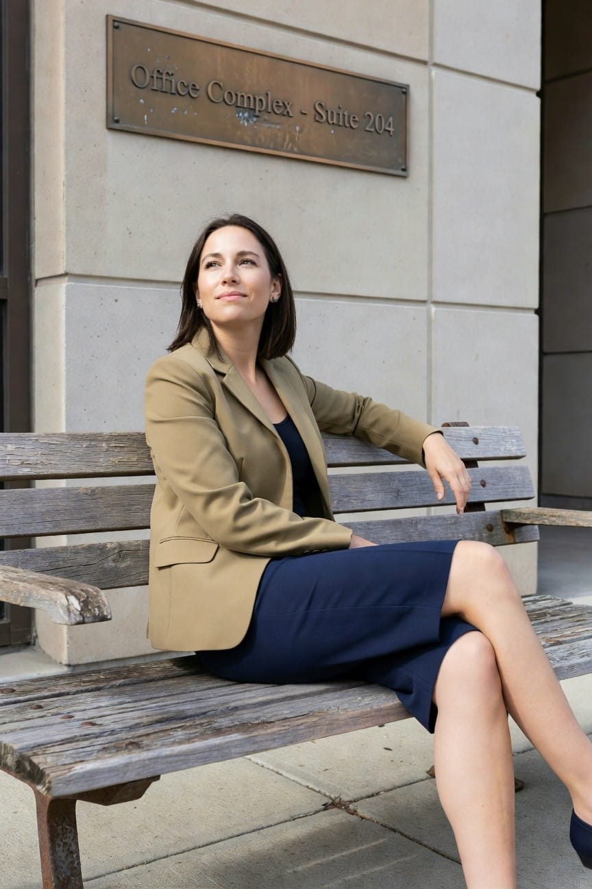 Woman sitting on a wooden bench outside an office building, wearing a tan blazer over a navy blue dress with crossed legs and black heels, smiling slightly