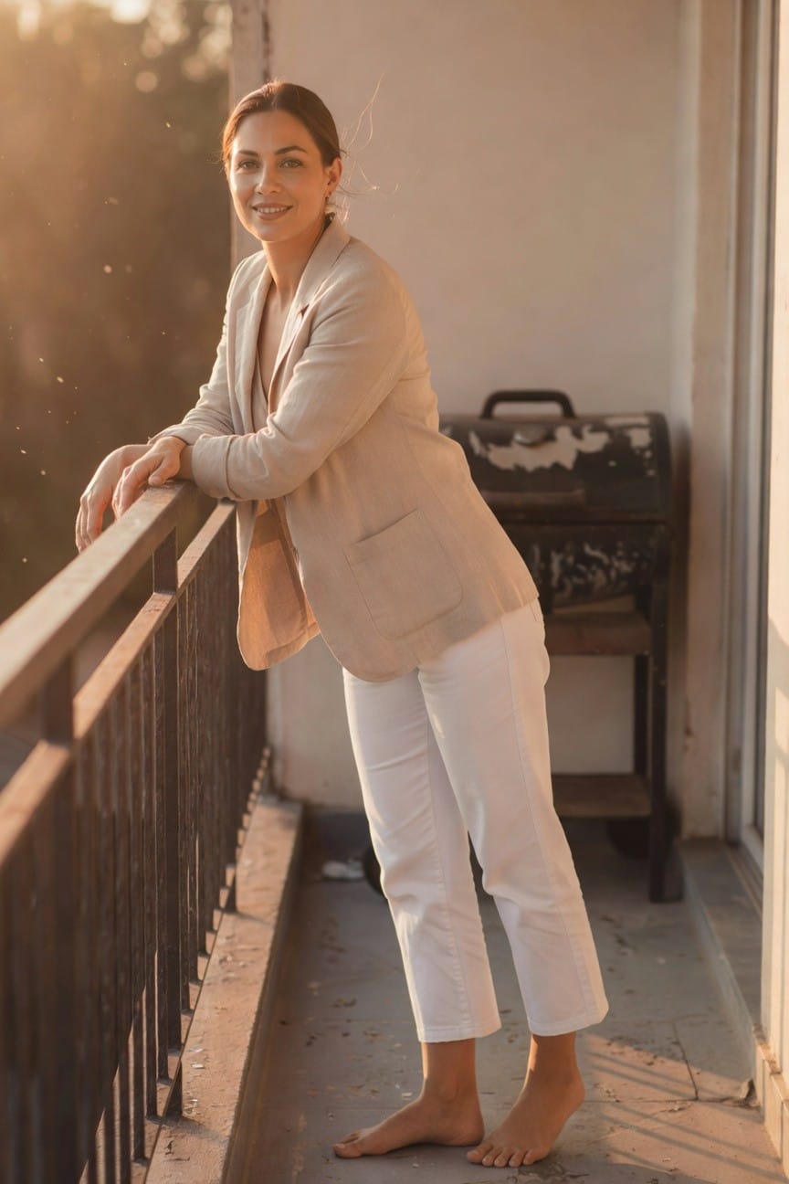 Woman in her 30s leaning on a balcony railing, smiling softly, wearing an open tan linen blazer over a top with white cropped pants and barefoot, warm evening light