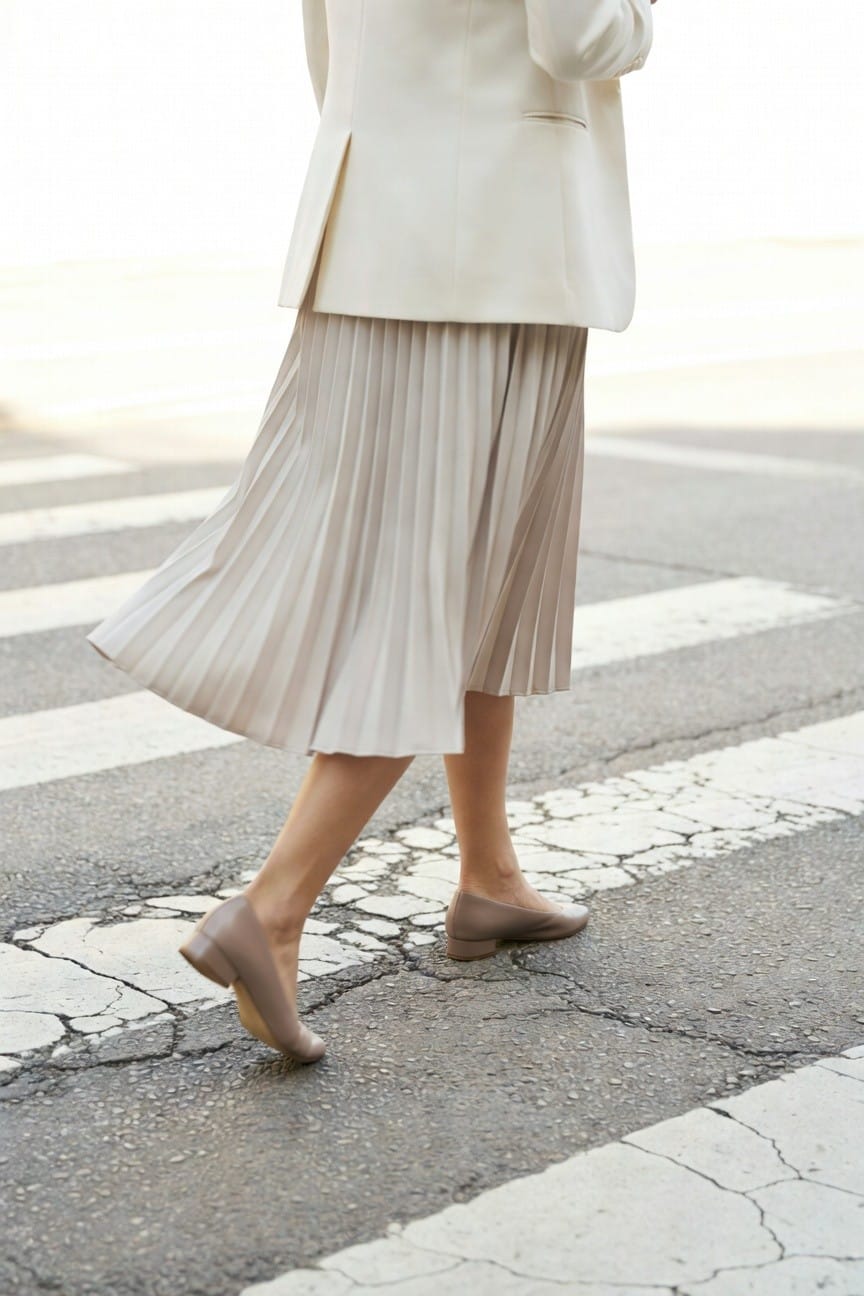 Rear view of woman crossing zebra crossing in white tailored blazer, light taupe pleated midi skirt flowing with movement, and nude low-heel flats on cracked pavement