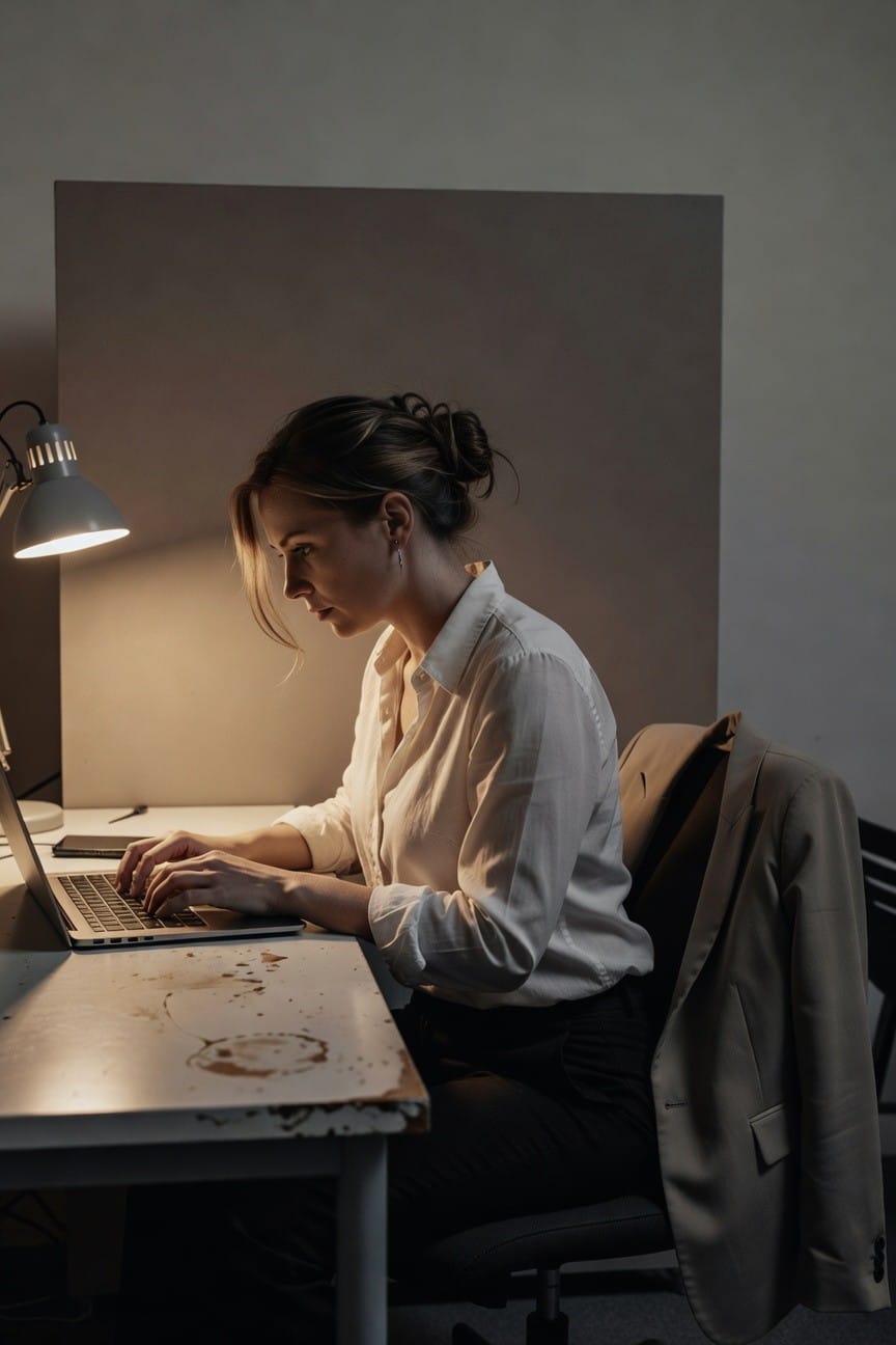 Woman in white open-collar blouse and black trousers seated at a desk typing on laptop with beige blazer draped over chair under desk lamp at night
