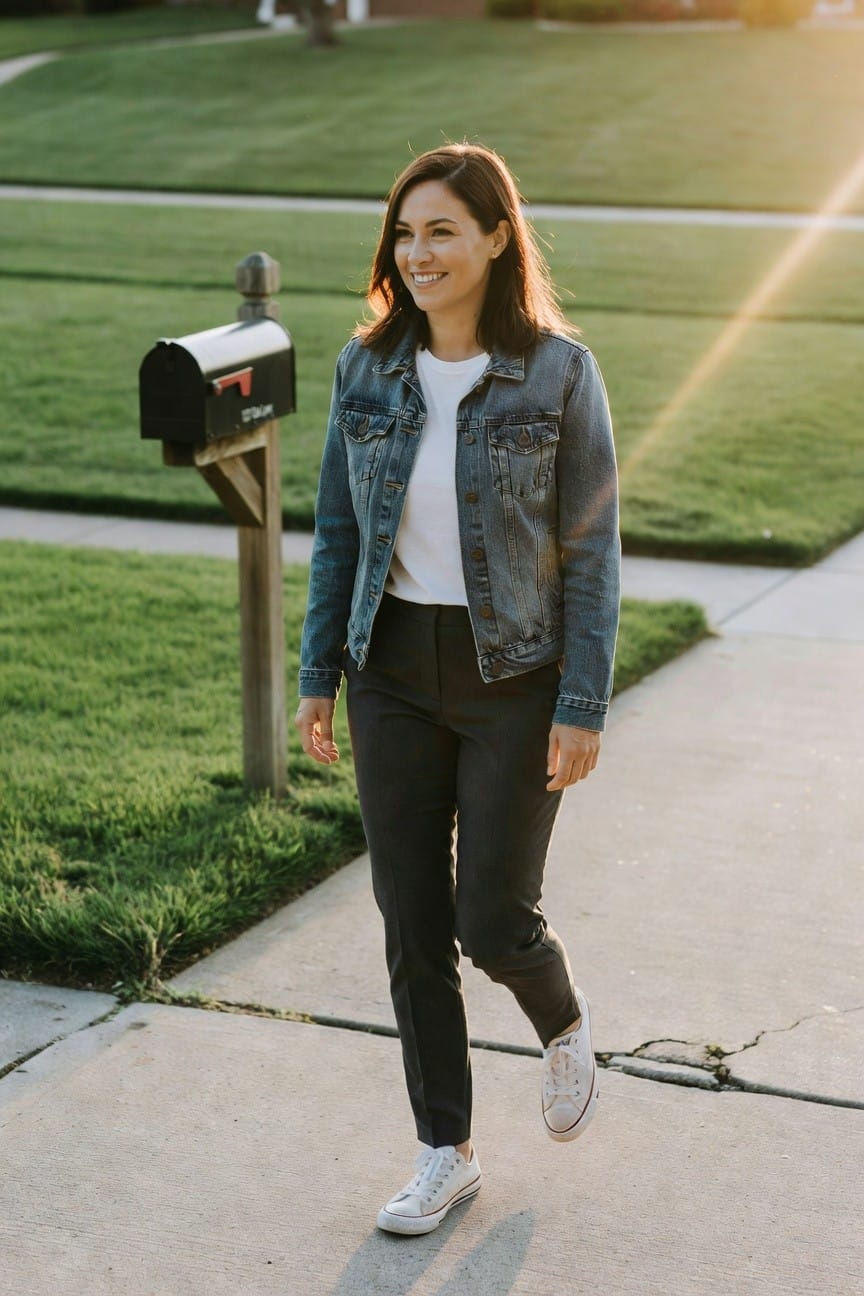Woman walking on sidewalk in blue denim jacket over white t-shirt, slim black pants, and white Converse sneakers, smiling at camera
