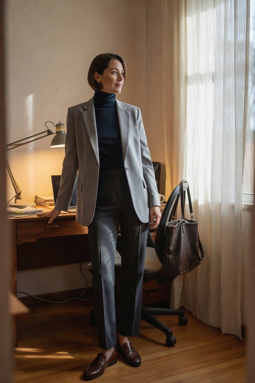 Woman in light gray blazer over navy turtleneck, dark gray wide-leg trousers, brown loafers, and brown leather tote bag, standing by wooden desk in office setting