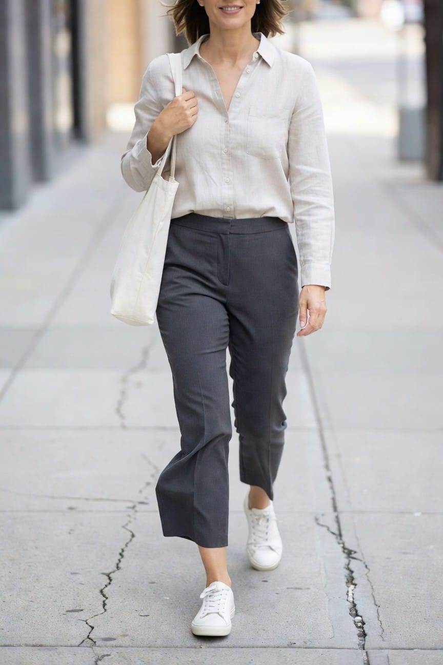 Woman walking in light beige linen button-down shirt, charcoal gray cropped flared trousers, white sneakers, and white canvas tote bag, casual polished office look
