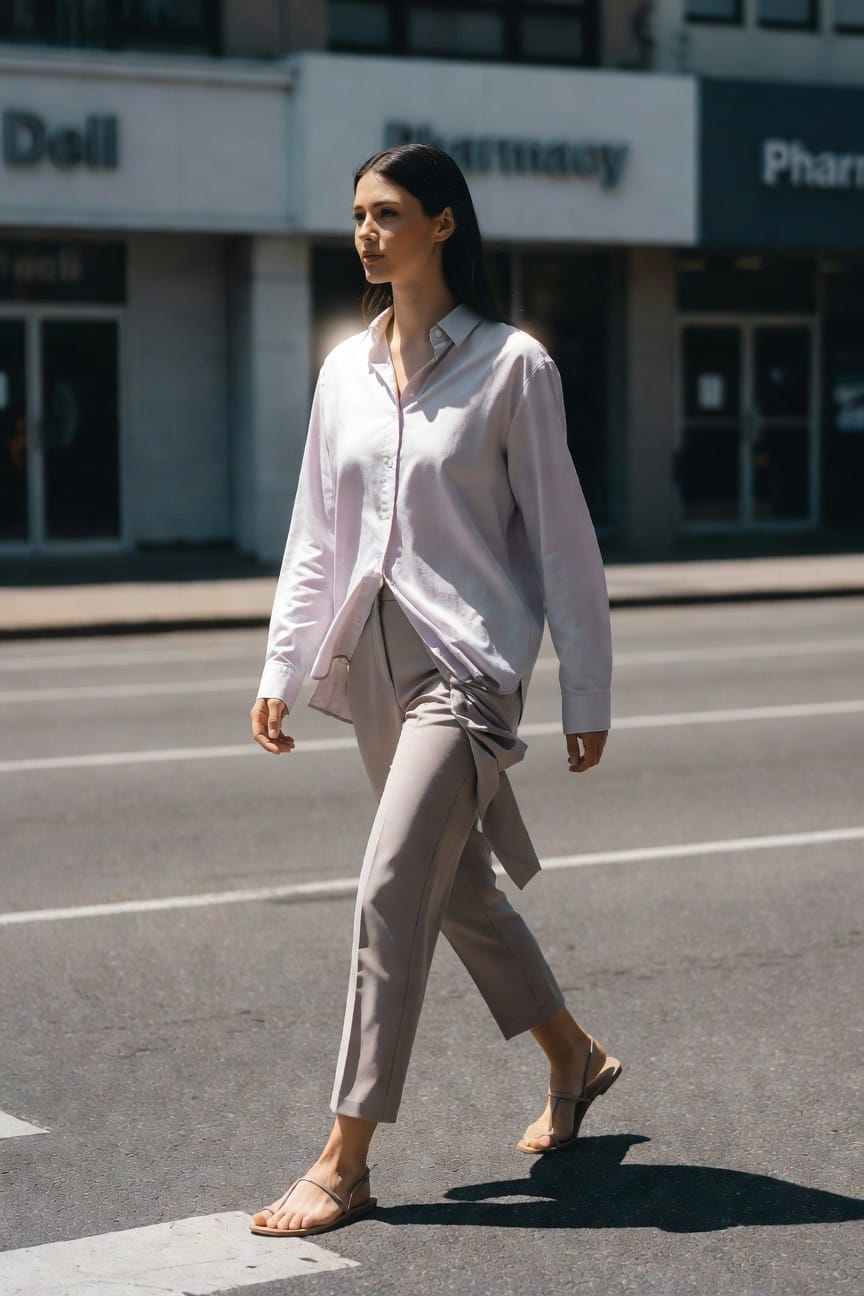 Woman walking in oversized pale white button-up shirt, light gray wide-leg pants with waist sash tie, and tan strappy flat sandals on urban sidewalk