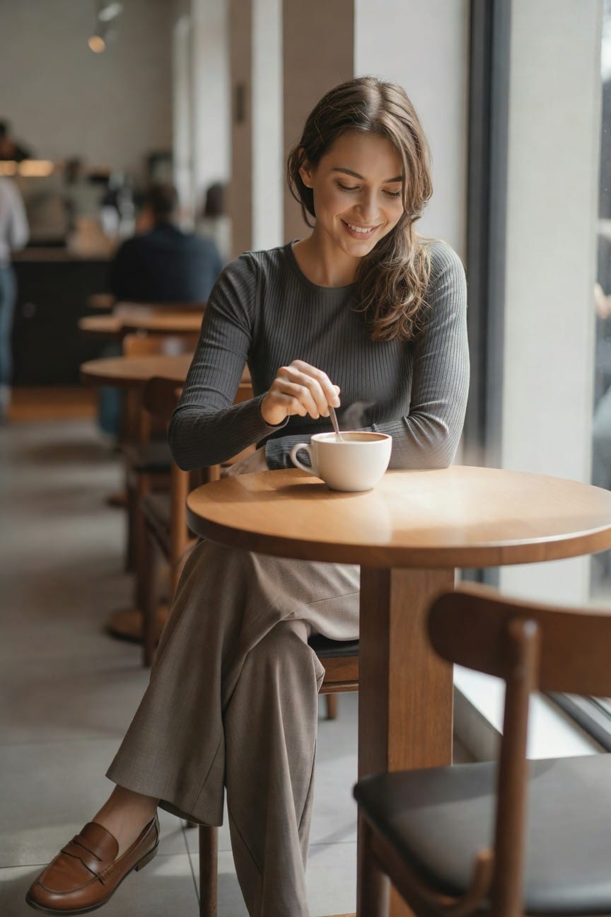 Woman wearing gray ribbed long-sleeve sweater, light gray wide-leg trousers, and brown leather loafers while seated at a cafe table