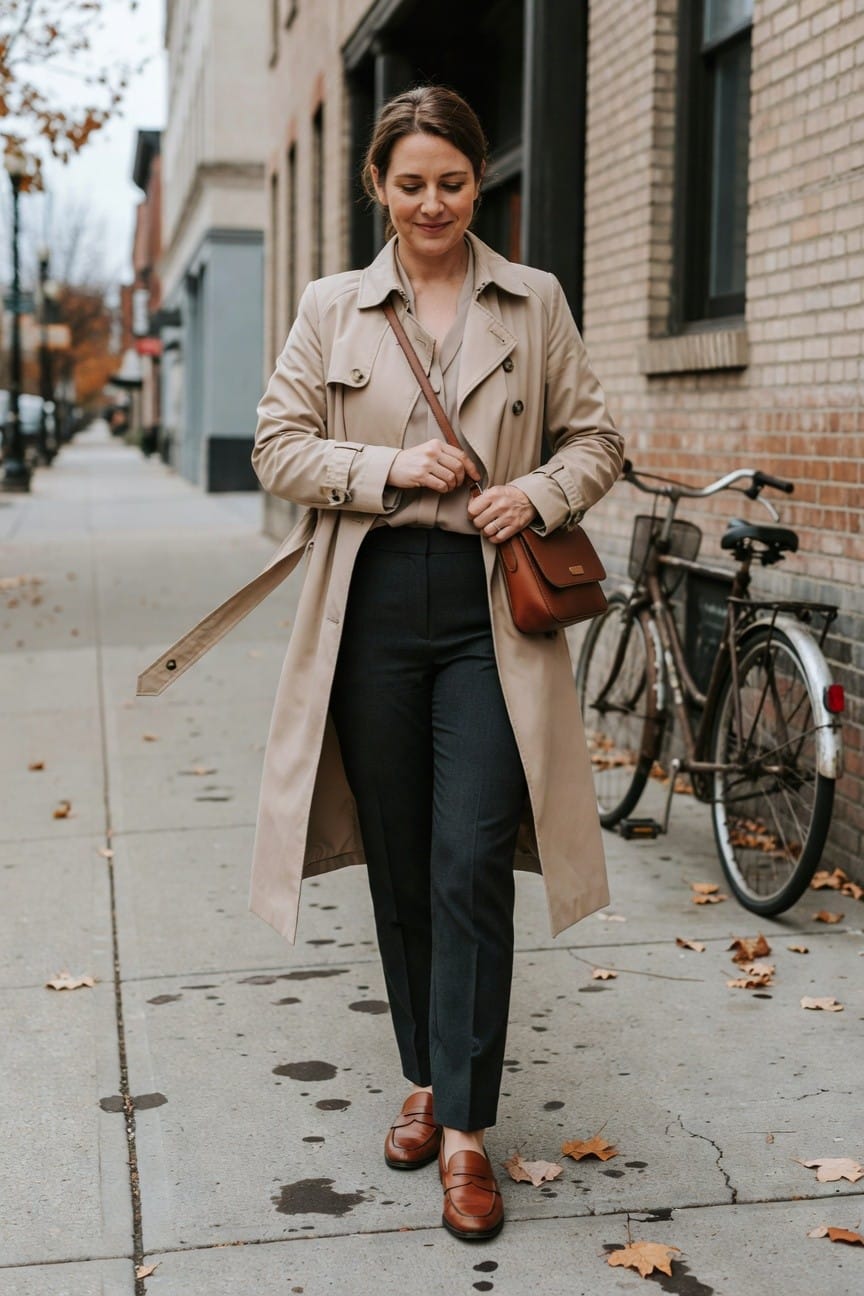 Woman in a long beige trench coat over a light blouse and slim navy ankle pants, accessorized with a brown crossbody bag and matching brown loafers, standing on a sidewalk