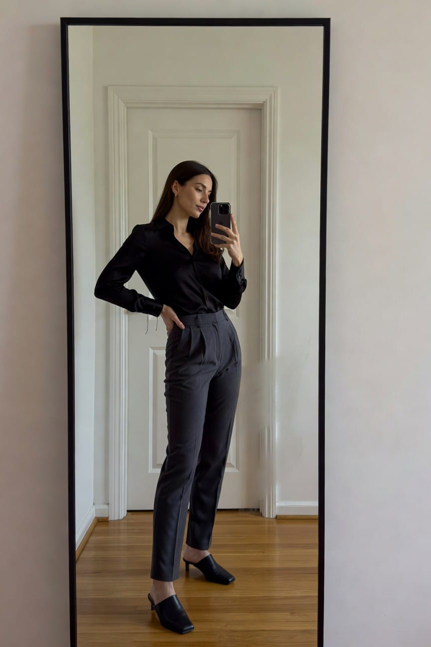 Woman taking a mirror selfie in a black long-sleeve silk collared blouse tucked into high-waisted gray pleated trousers with black square-toe mule heels, hands on hips in a modern indoor space