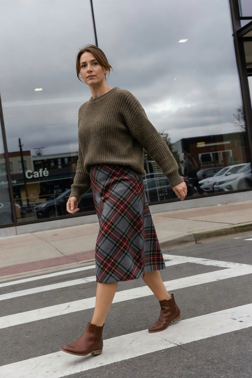 Woman in oversized olive green chunky knit sweater, gray red and black plaid midi skirt, brown leather ankle boots, walking across crosswalk